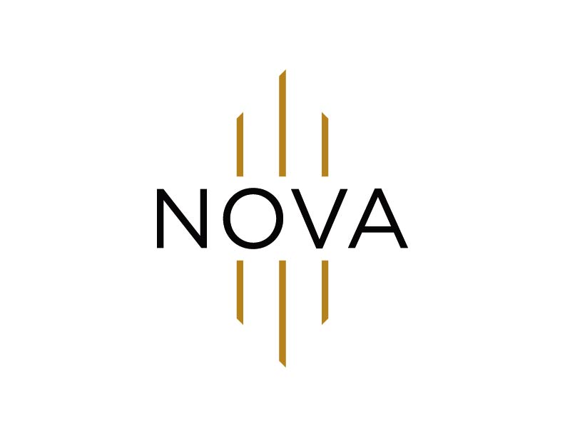 The image features the word "NOVA" in black with a stylized design of three vertical lines in gold color.
